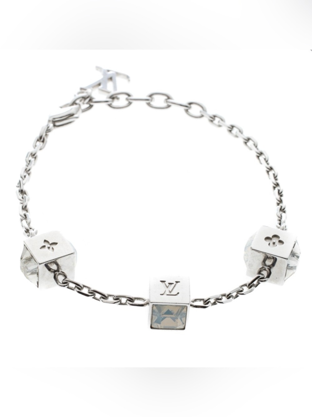 Louis Vuitton Gamble Bracelet Silver Clear Opalescent Crystal Cube LV Charm